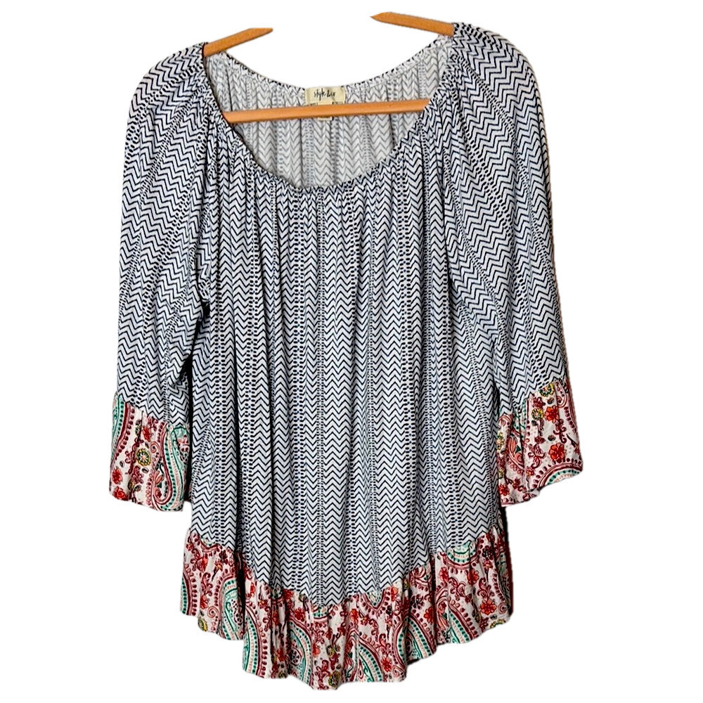 Style & Co. Black, Blue and White Relaxed Boho style Blouse, XXL